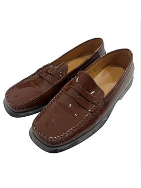 Tod's Brown Chocolate Patent Leather Penny Loafers Lug Sole Moc Toe Women Size 5